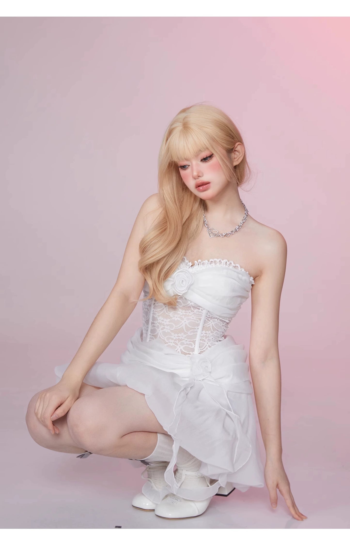 GirlyFancyClub白鳥の湖の物語のプリンセスレースヘリンボーン締めウエストパフメッシュバンドゥドレス