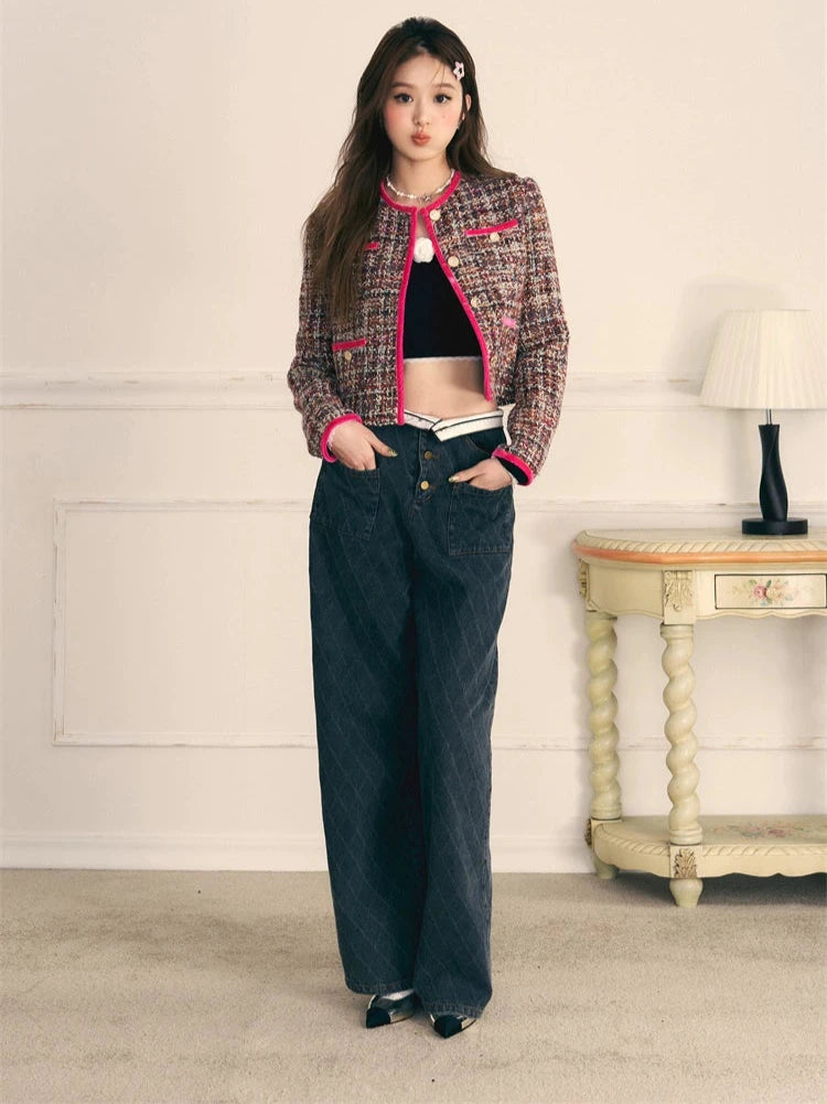 Retro quilted wide-leg straight mop denim