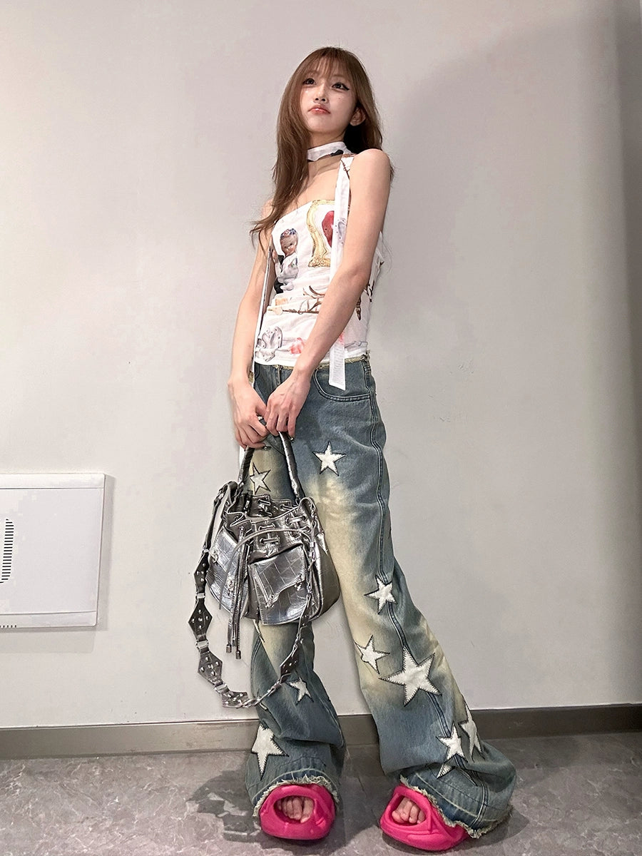 フェイ・チュイ・アメリカン・ベイブス・スターパネル・ウォッシュド・ディストレスド・ルーズエッジ・デザイン・マイクロ・フレア・ローライズ・ジーンズ