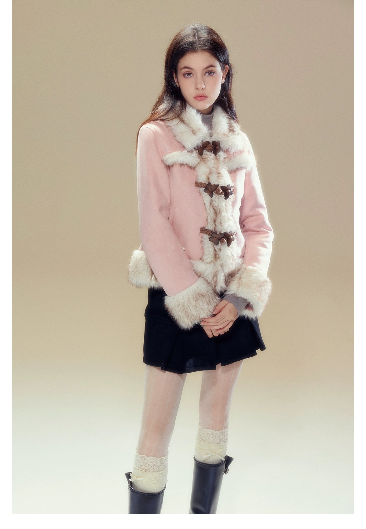 サンセットパークピンクスエードバタフライホーンボタンファーぬいぐるみジャケット冬用