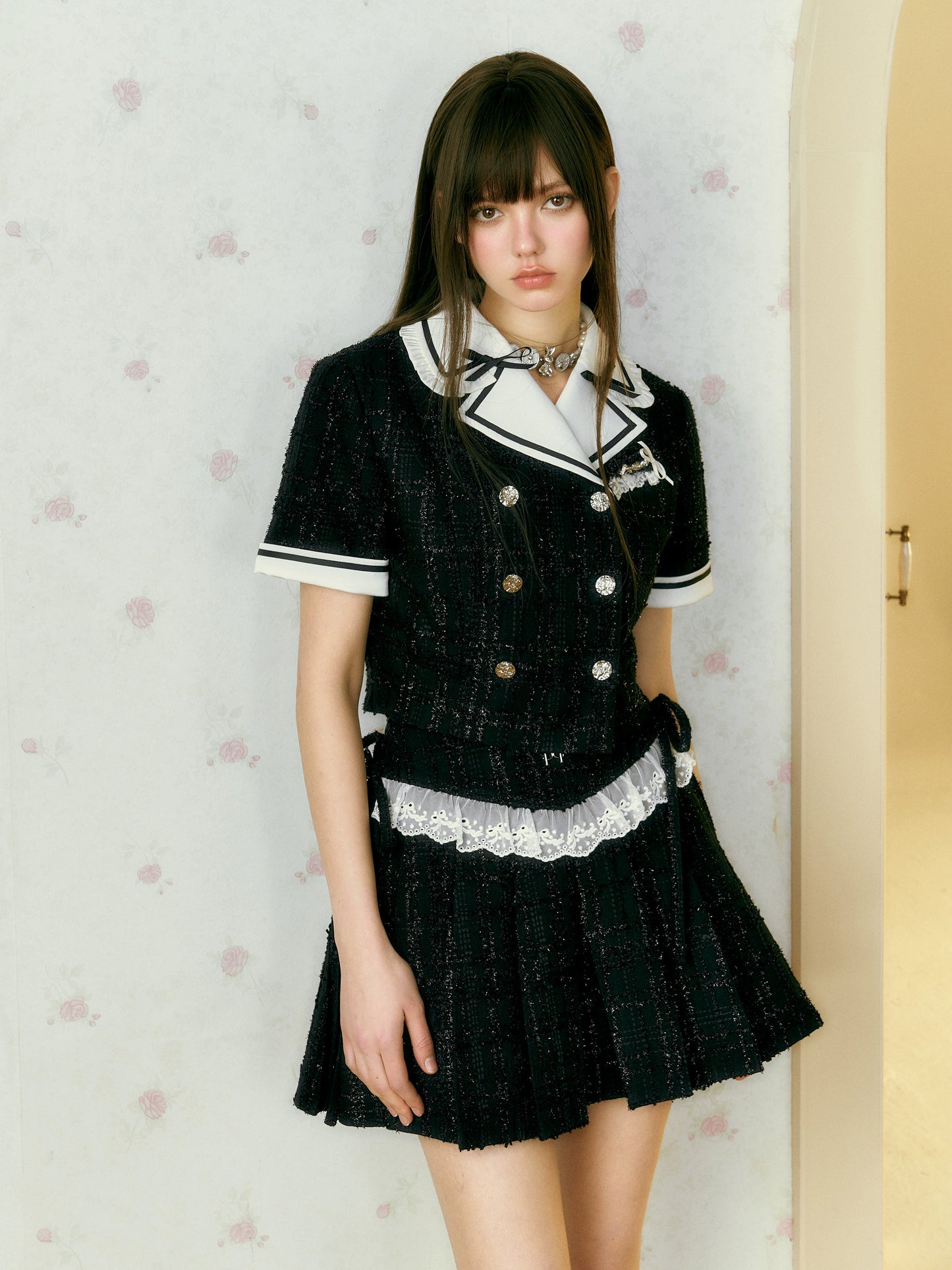 サンセットパークオリジナル ダブルブレスト スモールフレグランス コントラスト 半袖トップス+プリーツスカートセット