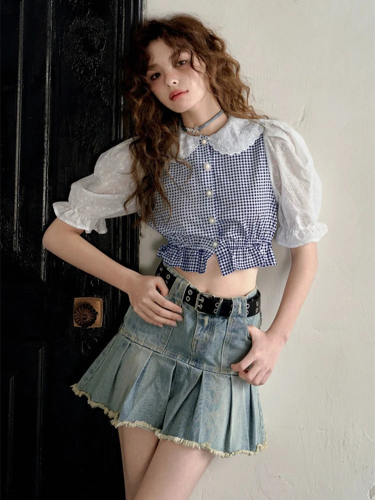Stitched puff sleeve plaid short sleeve shirt