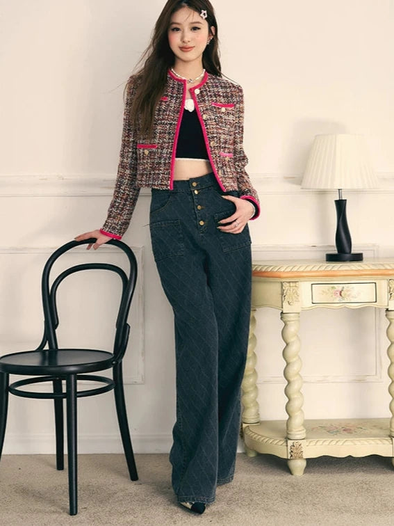 Retro quilted wide-leg straight mop denim