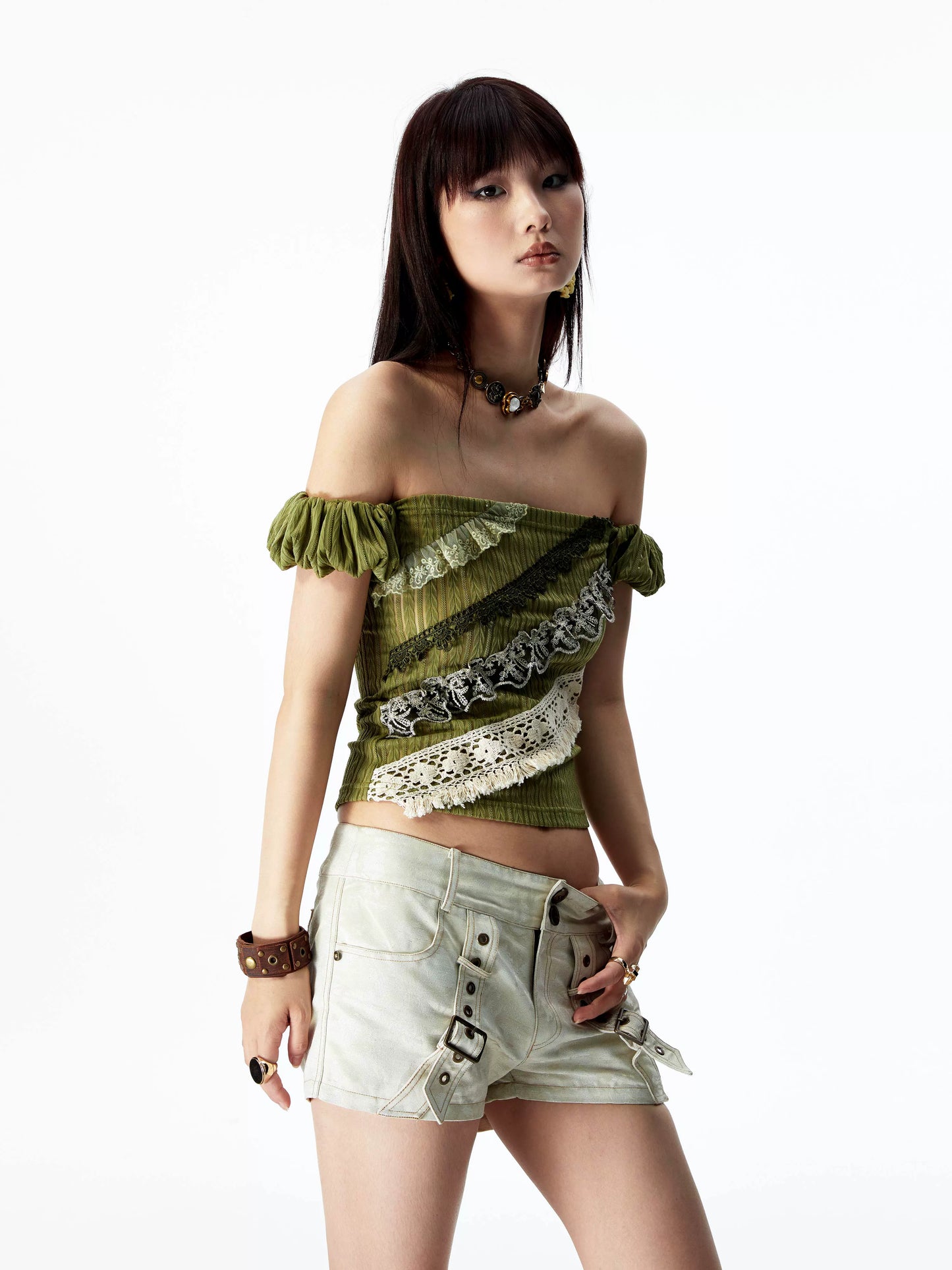 YOSHUYUKI オリジナルデザイン シダーグリーンストレッチニット ビンテージレース ストレートショルダー バンドゥ 半袖