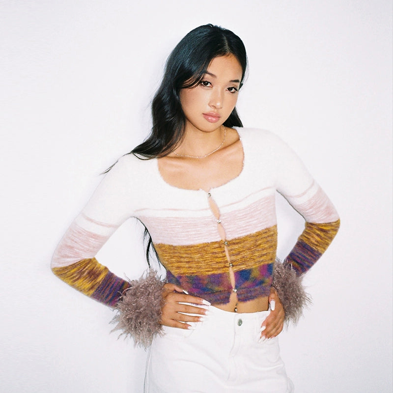 TR彼女のホットリトルテディカーリーカラー取り外し可能なグラデーションカットアウトニットクロップトップストライプスリムフィットカーディガン