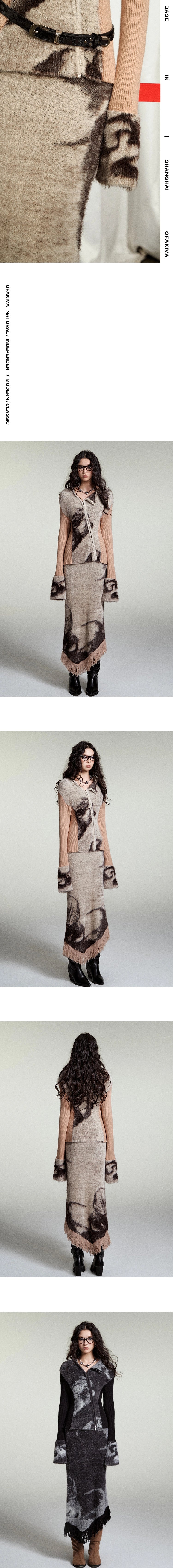 [スポット] OfAkiva「織りジャンル」フェイクミンクジャカードニットスーツレディースカーディガンスカート