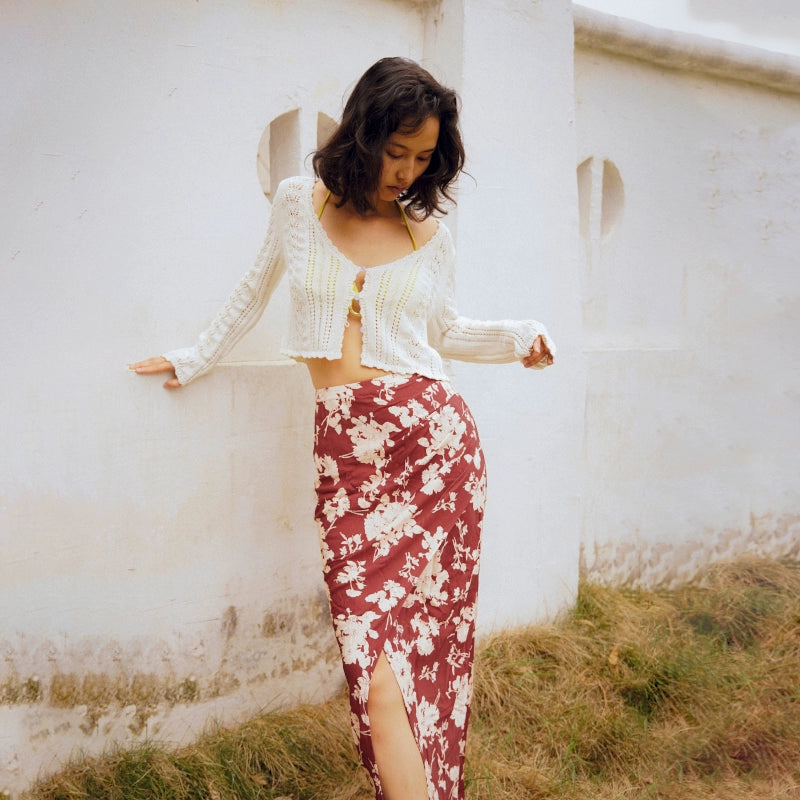 TR彼女の熱い攪拌レンガ色のプリントラップオーバーリゾートスリットジップアップスカート