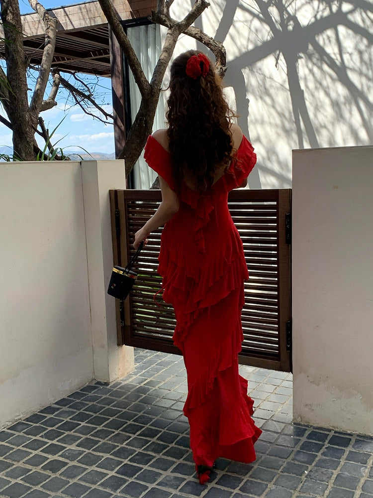 リトルコーラルテンセルウールレッドワンショルダードレス夏ニッチデザインフリルロングスカート