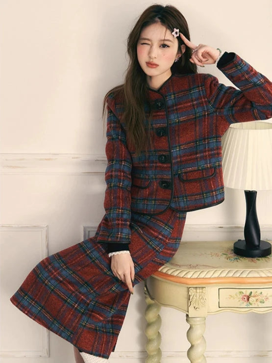 Retro red and blue plaid tweed skirt