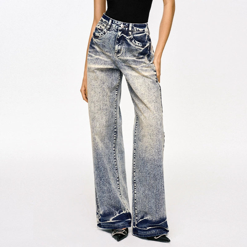 TR彼女のホットウェイストランドパンツブルーウォッシュブラッシュドホワイトヴィンテージディストレストルーズデニムハイライズストレートパンツ