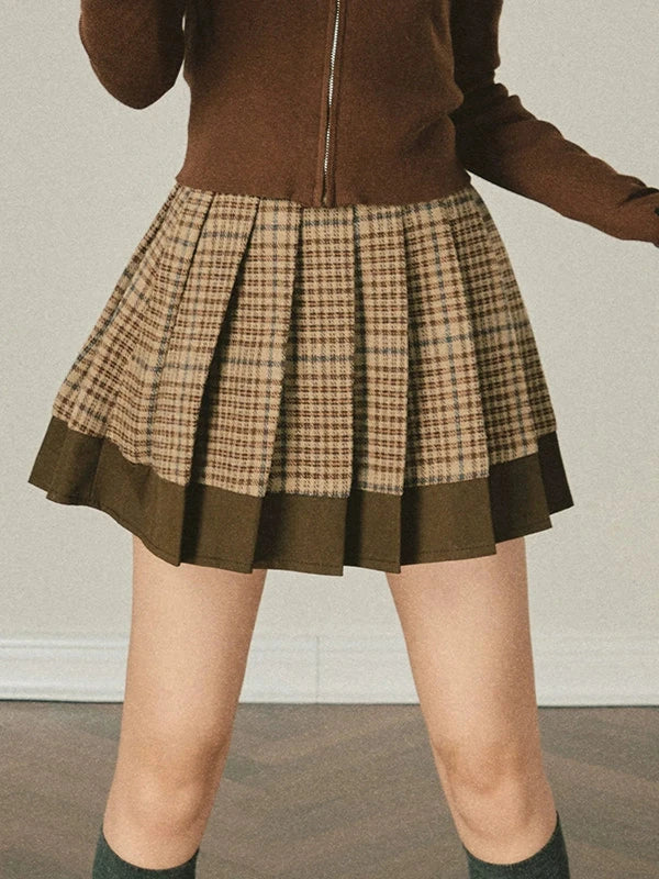 Vintage Check Panel Loose Pleated Short Skirt