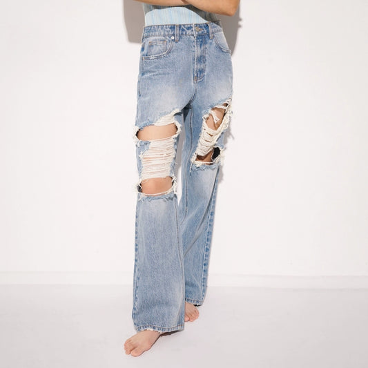 TR彼女ホット渋谷ベイブスライトブルーウォッシュ破れたパンツミッドライズストレート薄いベイビーパンツジーンズ