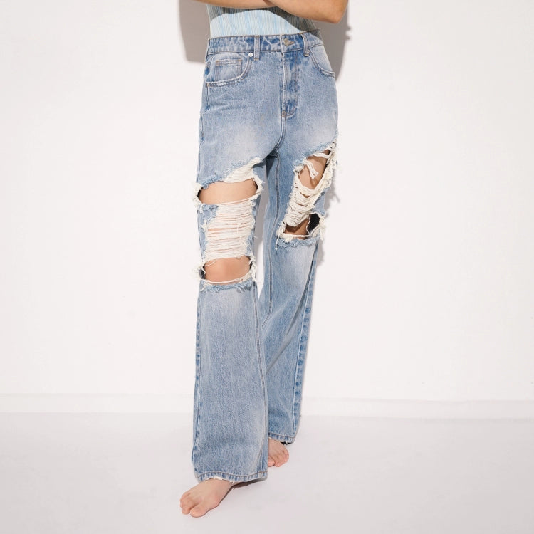 TR彼女ホット渋谷ベイブスライトブルーウォッシュ破れたパンツミッドライズストレート薄いベイビーパンツジーンズ