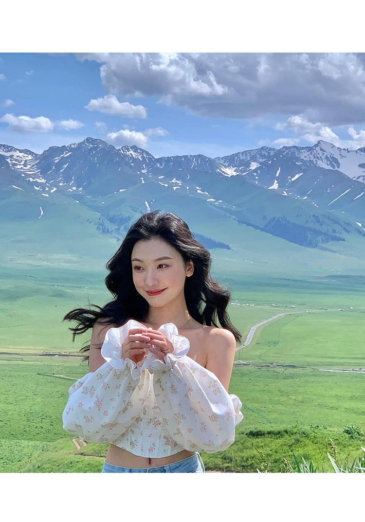 【Xiaoli X Yi Menglingジョイントシリーズ】ワンショルダーバブル長袖花柄シャツトップスプリング