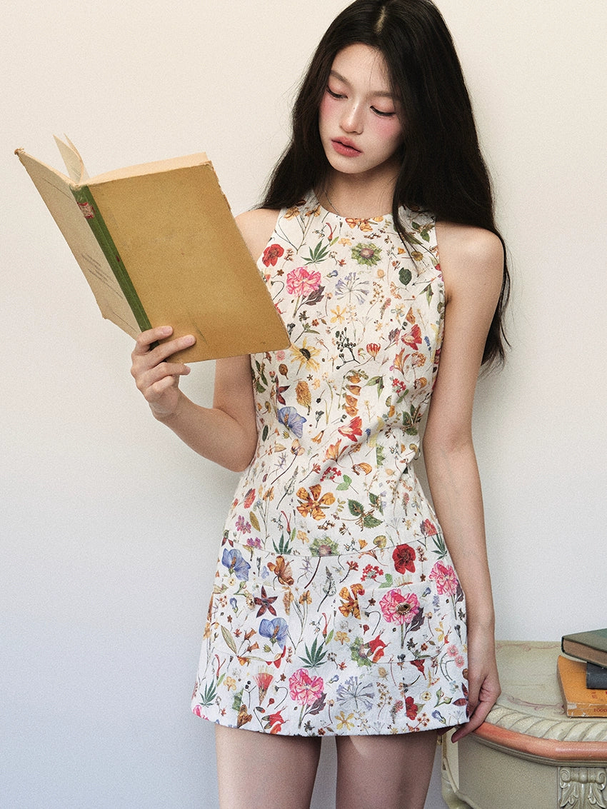 White Textured Floral Pattern Sleeveless Dress