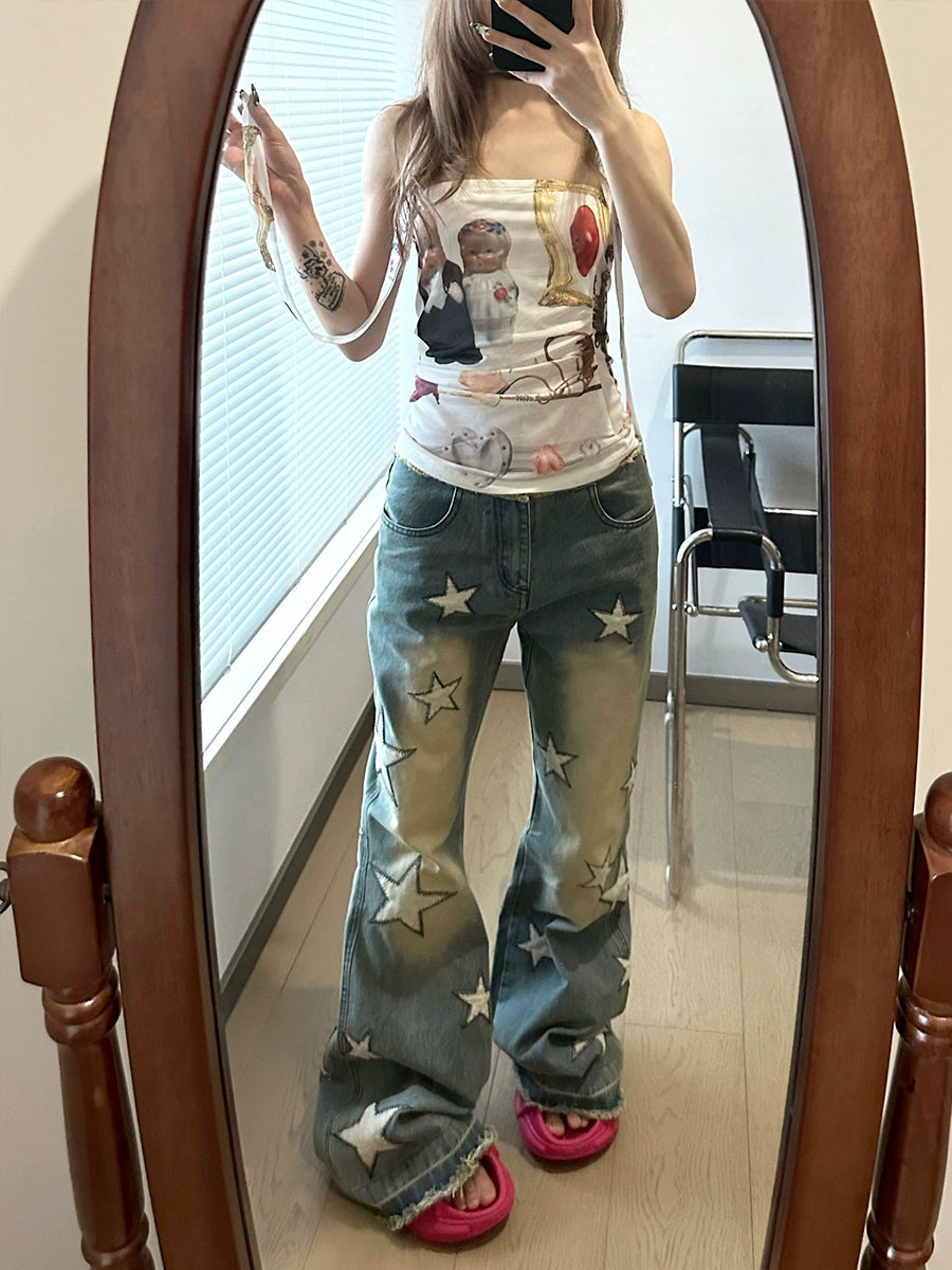 フェイ・チュイ・アメリカン・ベイブス・スターパネル・ウォッシュド・ディストレスド・ルーズエッジ・デザイン・マイクロ・フレア・ローライズ・ジーンズ