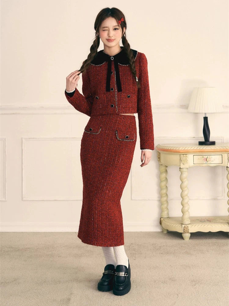 Tweed Small Fragrance Black Velvet Long Skirt