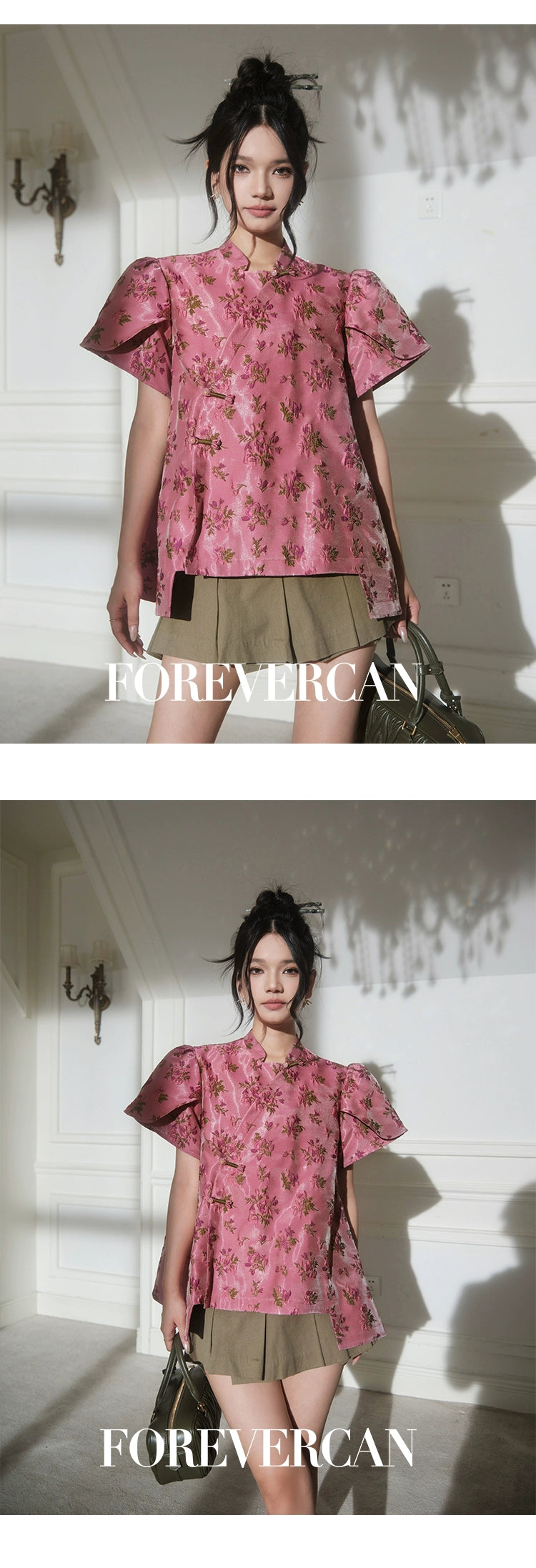 フォーエバーカンレディースサマー2024新しい中国スタイル新しい中国スタイルの高級気質パフスリーブ前立てトップス