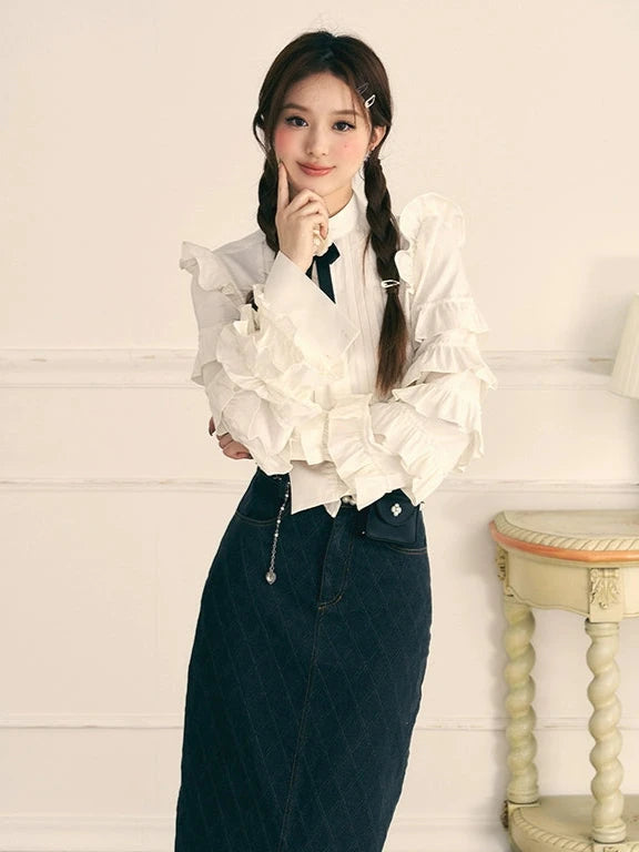 White Ruffle Long Sleeve Bow Knit