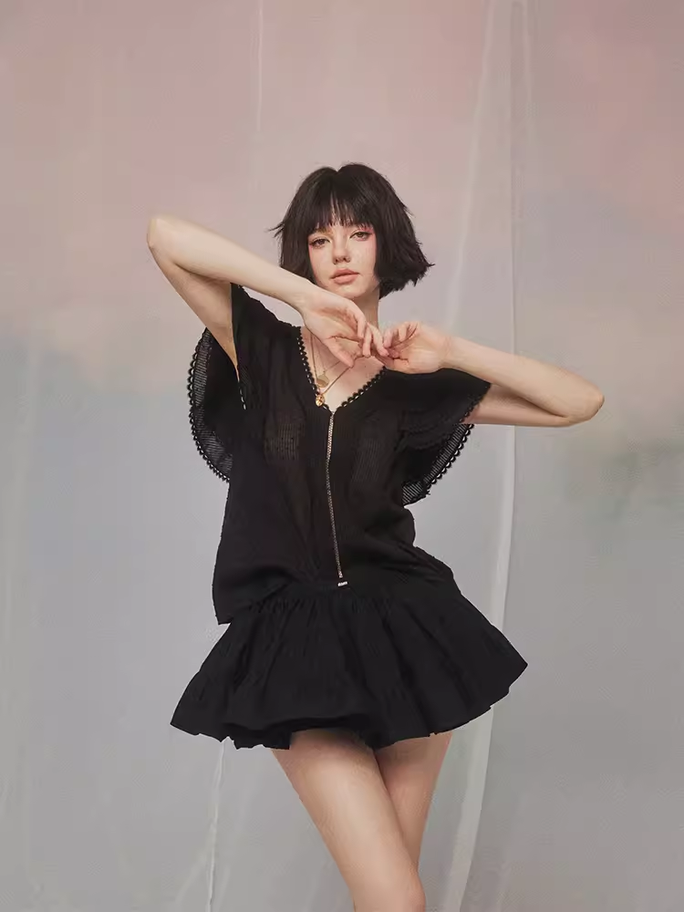 フォーエバーカンレディースサマー2024ニューブラックチャオケルリデザインセンス多用途ふわふわケーキスカート