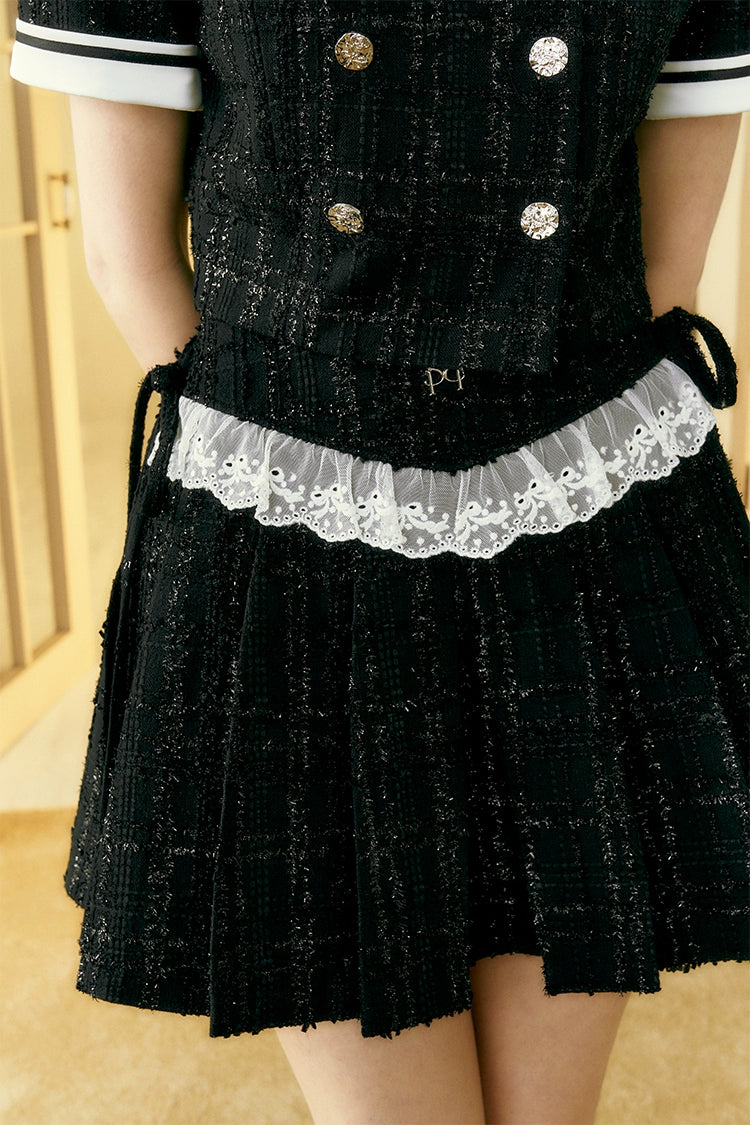 サンセットパークオリジナル ダブルブレスト スモールフレグランス コントラスト 半袖トップス+プリーツスカートセット