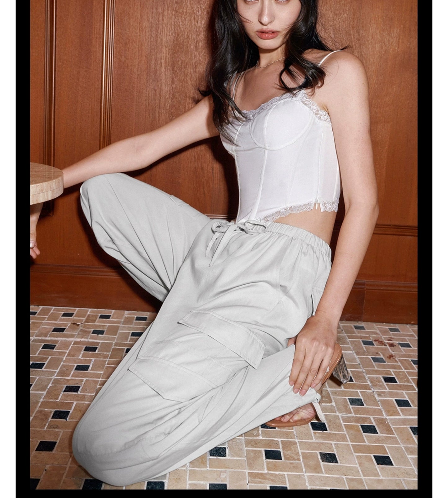 TR彼女のホットカーゴベイビーグレーテンセルリネンカーゴドローストリングマルチポケットデザインセンスベイビーズズボン