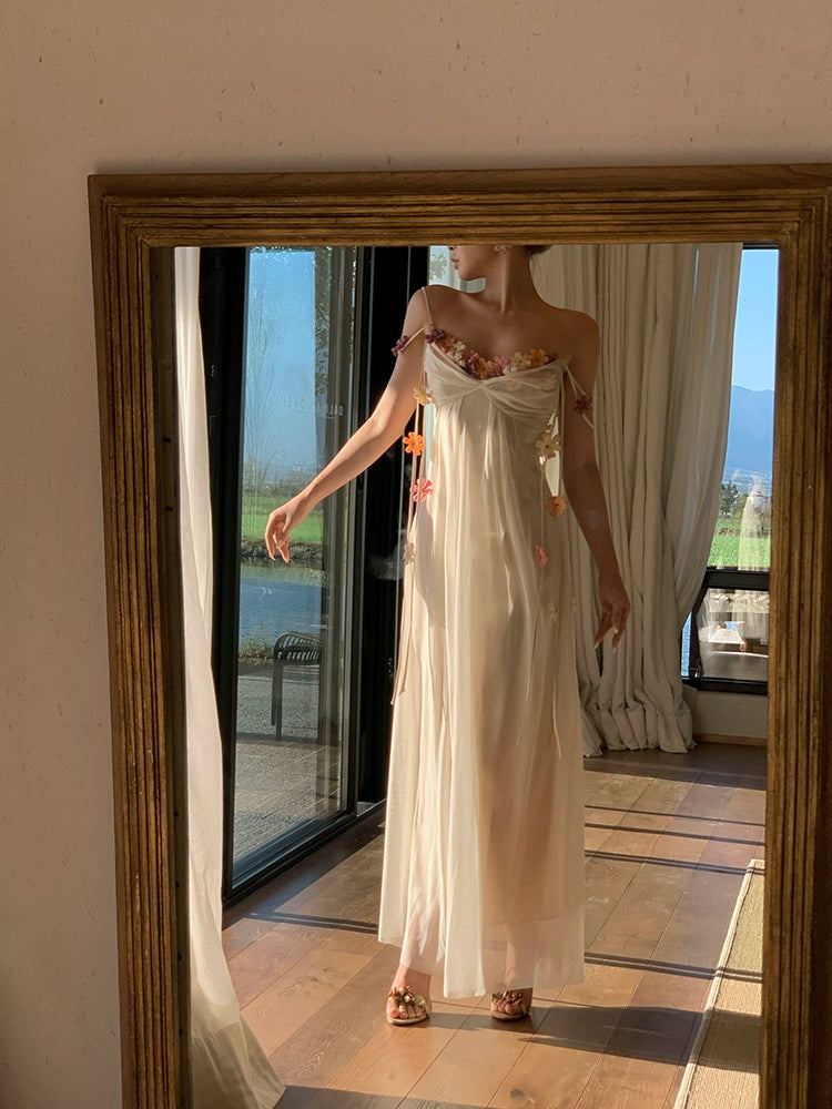 シャオリは霧の中の花、アセテートのスリップドレス、春と夏、ハイエンドの絶妙なリゾートの妖精の糸のスカートを見ました