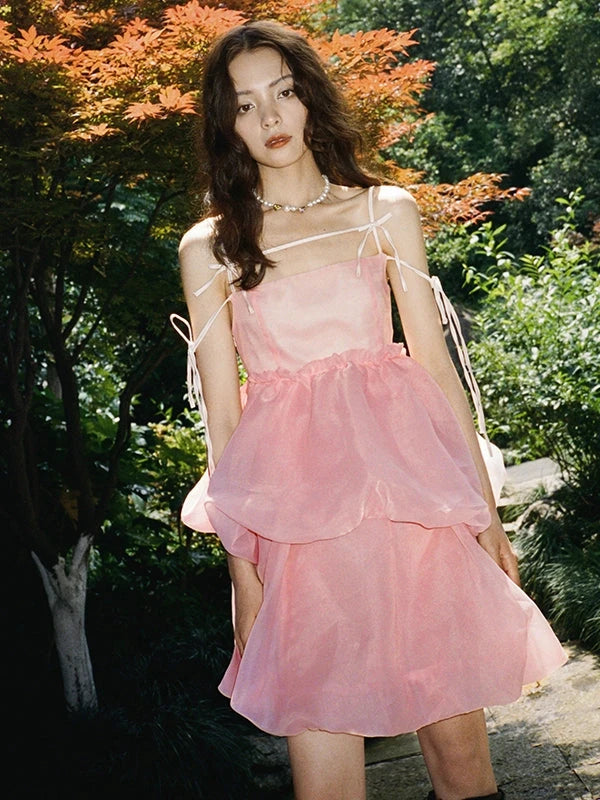 Slip Bow Organza Bud Sleeveless Dress