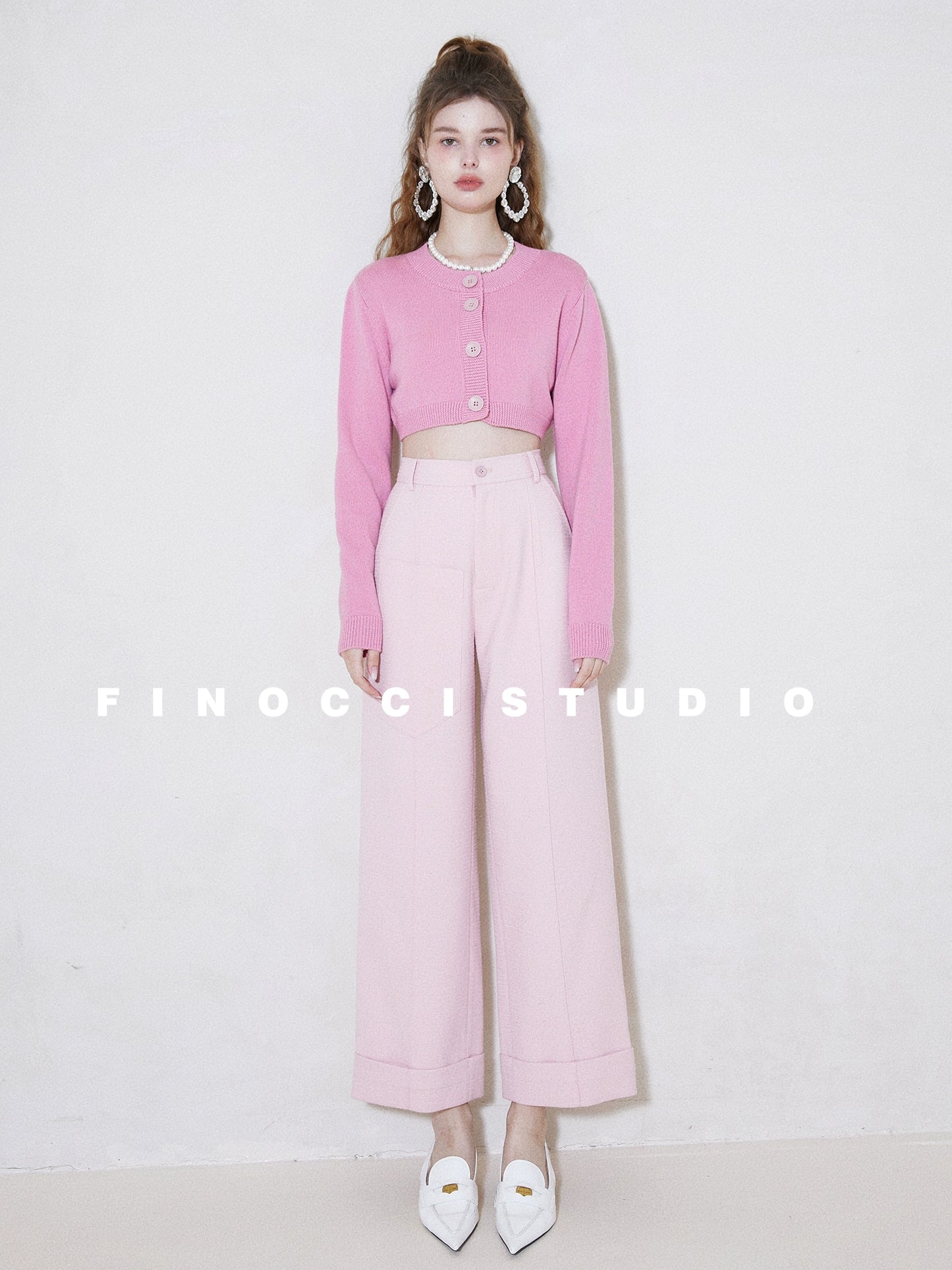 FINOCCI春の新しい照明春のワードローブゴッドパンツカラースピニング染め桜ピンクハイウエストカジュアルワイドレッグパンツ