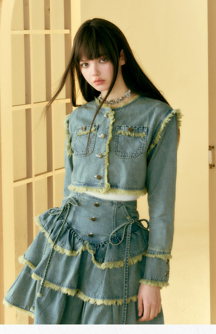 [Ju Jingyiと同じ段落] サンセットパークサンセットパークヴィンテージデニムローエッジスモールフレグランスジャケットケーキドレス