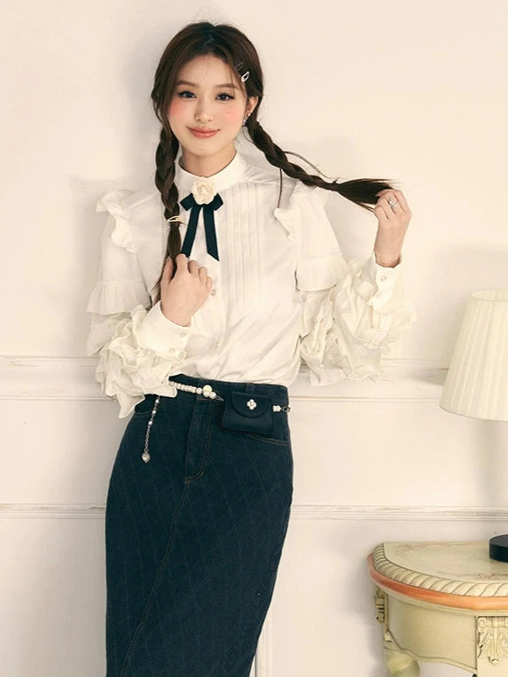 White Ruffle Long Sleeve Bow Knit