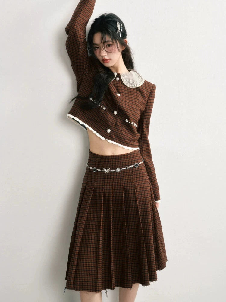 Checked Pearl Lace Casual Long Skirt