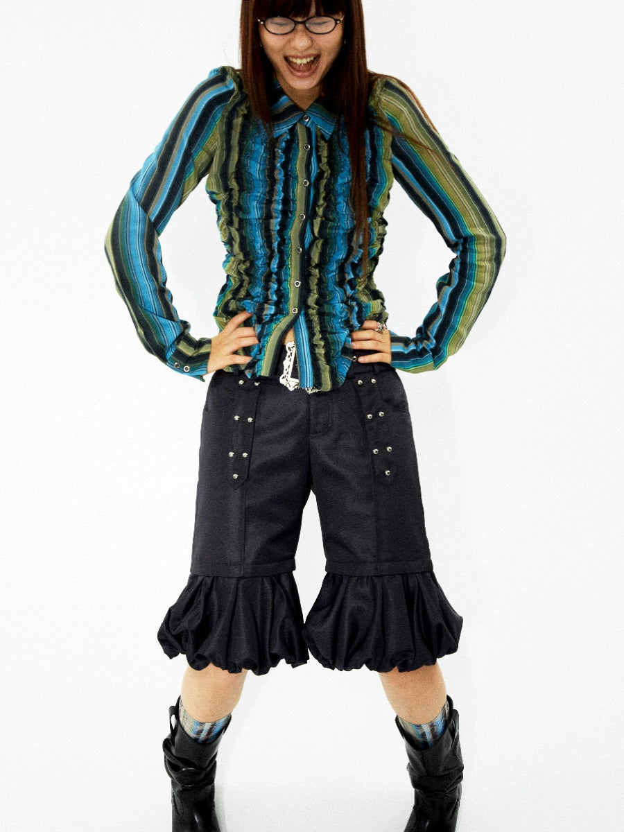 YOSHUYUKIオリジナルデザイン伸縮性ボトムライン不規則な折り目デザインブルーとグリーンのコントラストストライプウエストシャツ