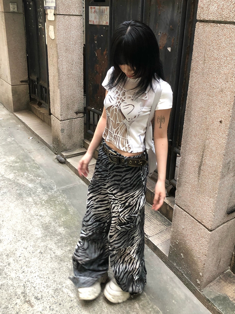 フェイチュイアメリカンヴィンテージベイビーディストレストダーティローライズマルチポケットドローストリングゼブラプリントカーゴパンツワイドレッグパンツ