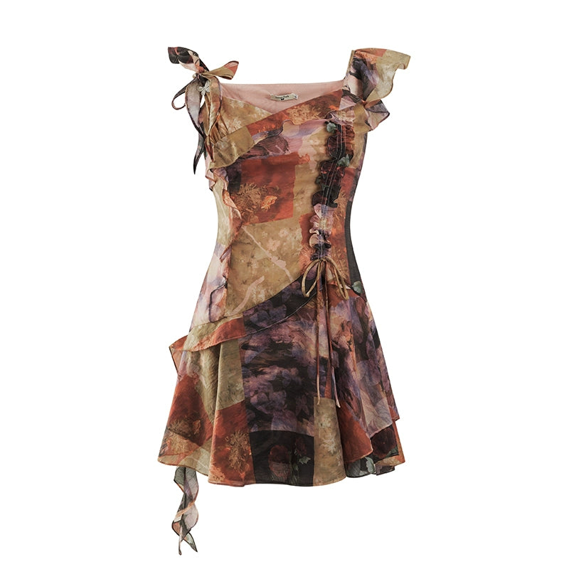 サンセットパーク花絞り染めスリップドレス蝶小さなフライングスリーブ不規則にプリントされたドレス
