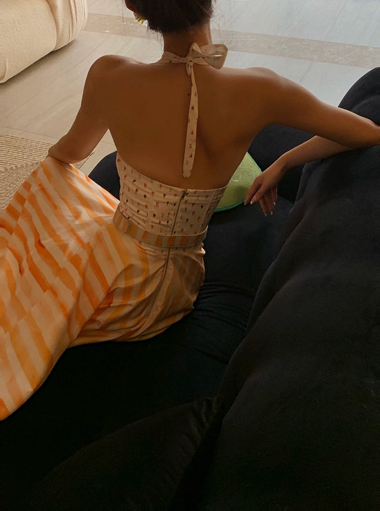 Xiaoli Yuxia ChengqiホルターネックサスペンダーVネックドレス春と夏のドーパミンティーブレイクフランスのAラインロングスカート