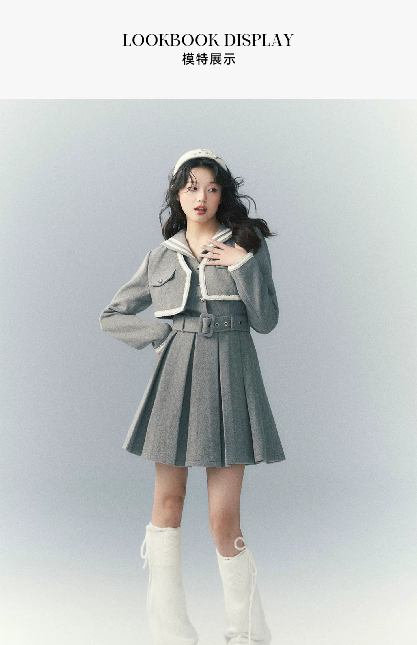 サンセットパークサンセットパークグレーネイビーカラーツイードプリーツドレススーツ秋用ツーピースセット