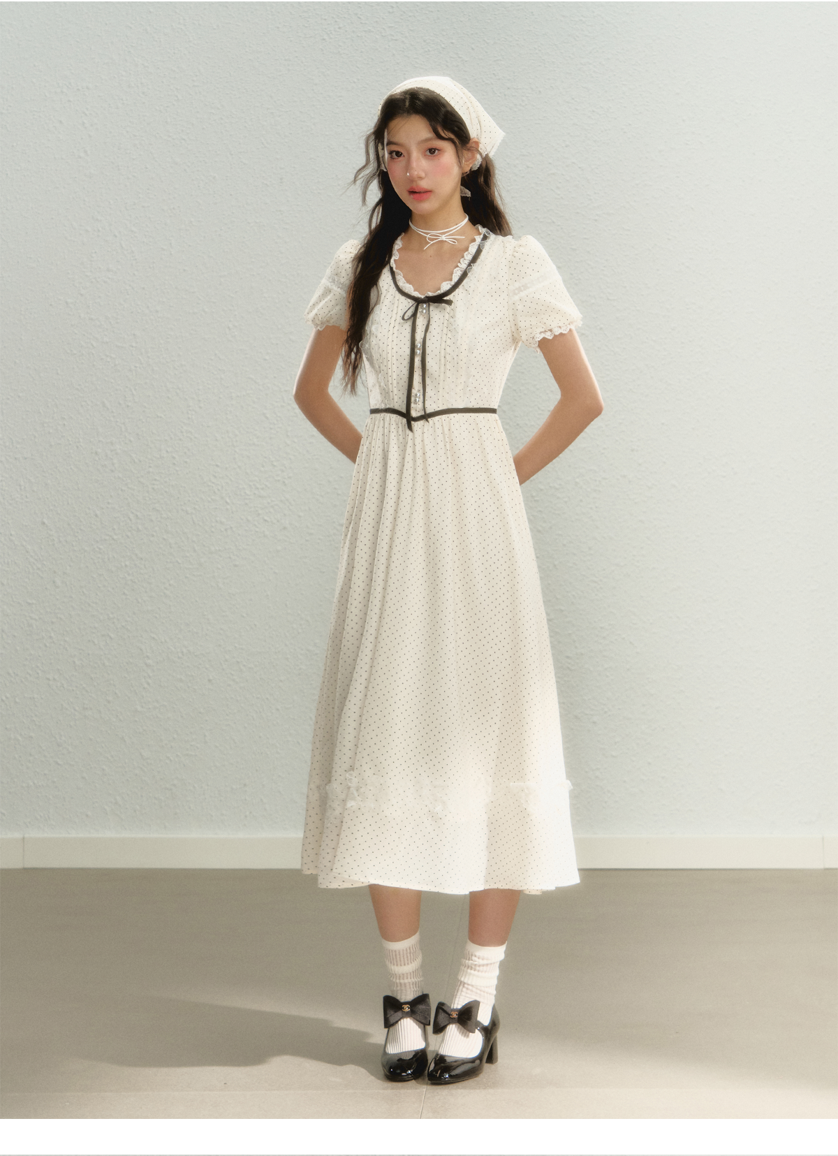 サンセットパーク「ハイジの休日」パフスリーブスカート夏と秋のフランスの水玉模様のドレス