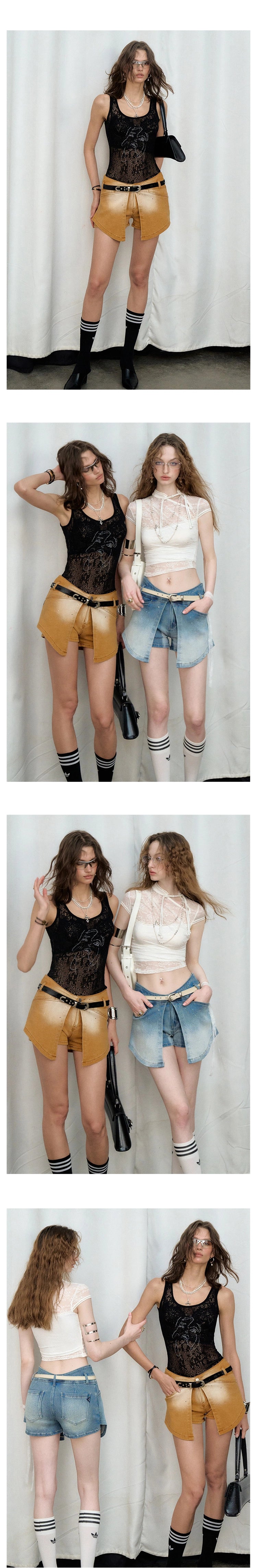 [スポット] Akivaの「だらしない」シアーファイングリッターレースニットプリントマリンベスト