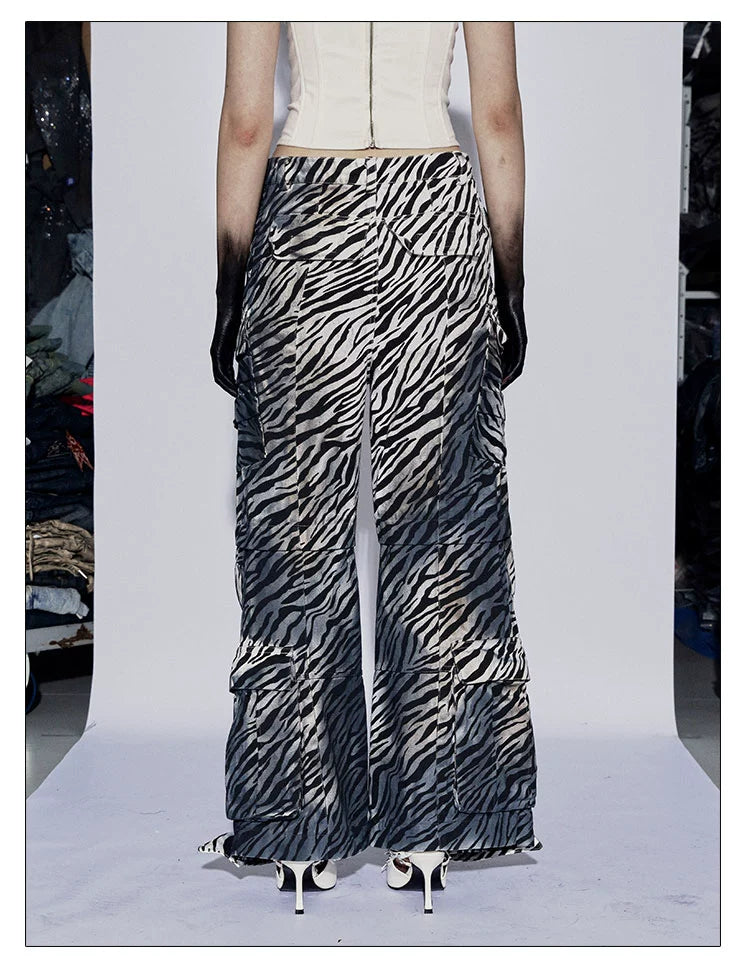 フェイチュイアメリカンヴィンテージベイビーディストレストダーティローライズマルチポケットドローストリングゼブラプリントカーゴパンツワイドレッグパンツ