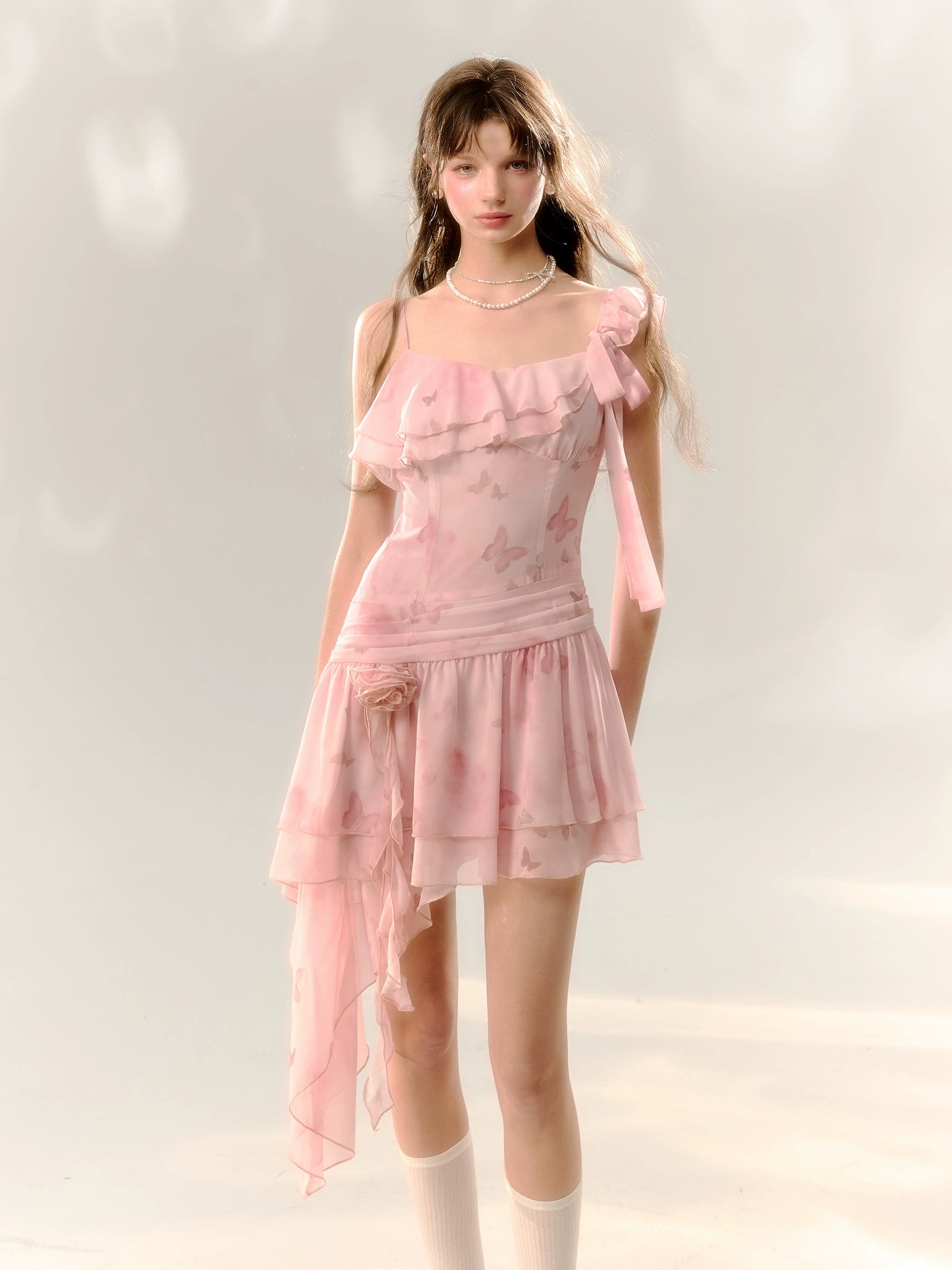 サンセットパーク「ピンクバタフライドリームス」不規則なサンドレスプレフォールベースストリーマードレス