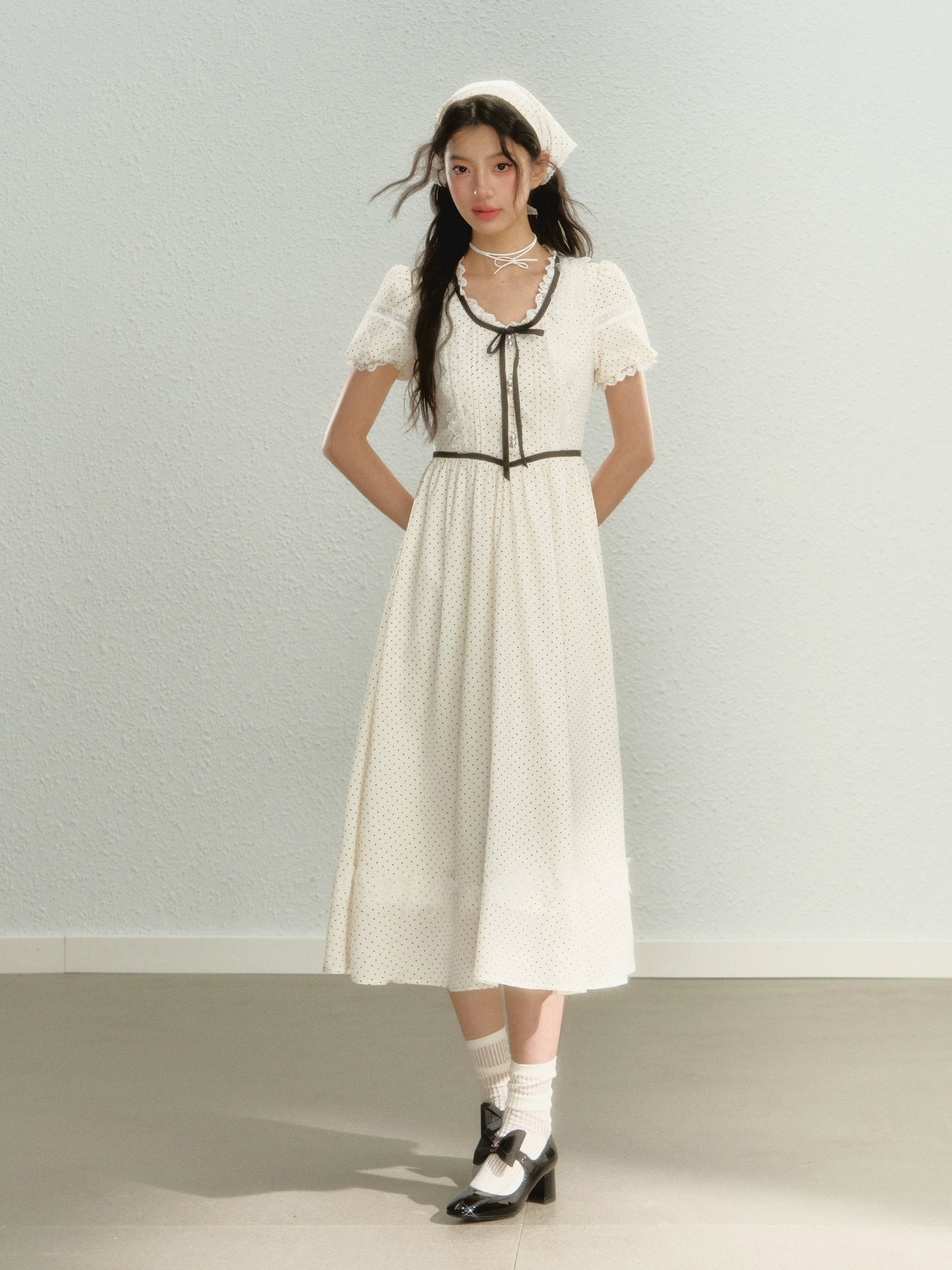 サンセットパーク「ハイジの休日」パフスリーブスカート夏と秋のフランスの水玉模様のドレス