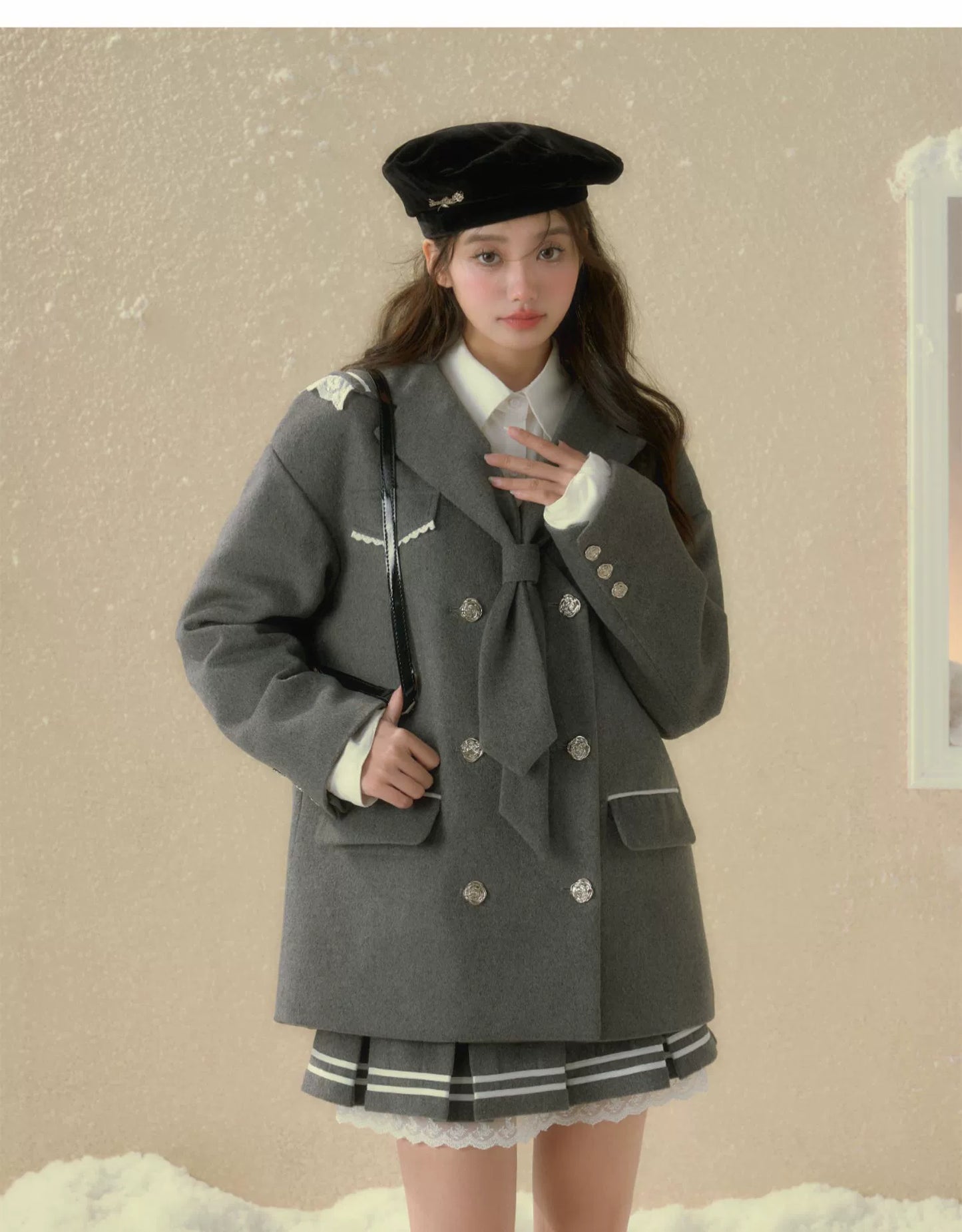 サンセットパーク グレイ カレッジ 50 ツイード パッド入りジャケット コート、取り外し可能なネイビー カラー