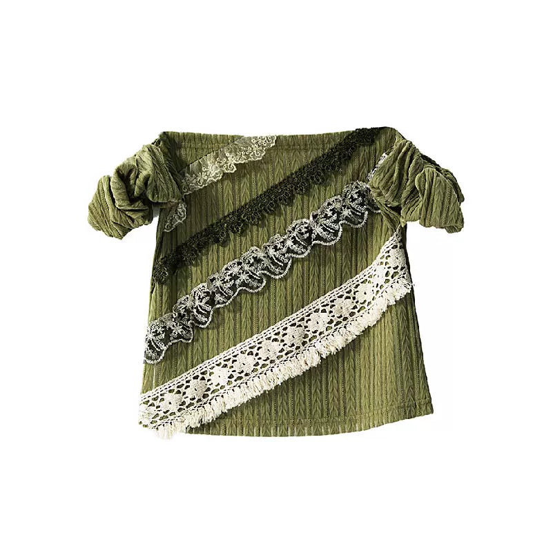 YOSHUYUKI オリジナルデザイン シダーグリーンストレッチニット ビンテージレース ストレートショルダー バンドゥ 半袖