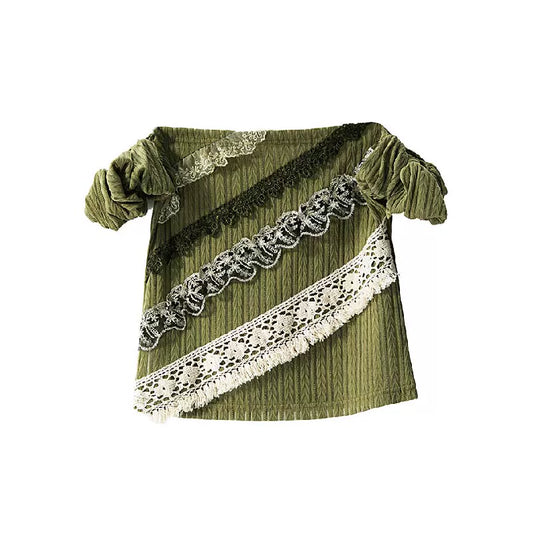 YOSHUYUKI オリジナルデザイン シダーグリーンストレッチニット ビンテージレース ストレートショルダー バンドゥ 半袖