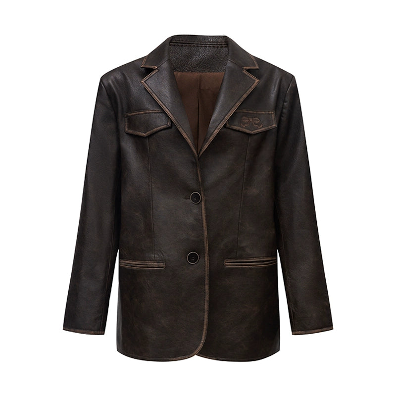 SunsetPark miuは、ヴィンテージブラウンの刺繍入りレザージャケットシルエットレザーブレザーブレザーです