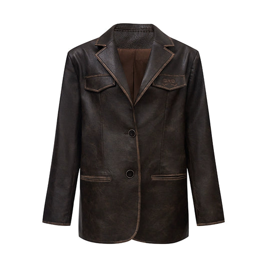 SunsetPark miuは、ヴィンテージブラウンの刺繍入りレザージャケットシルエットレザーブレザーブレザーです