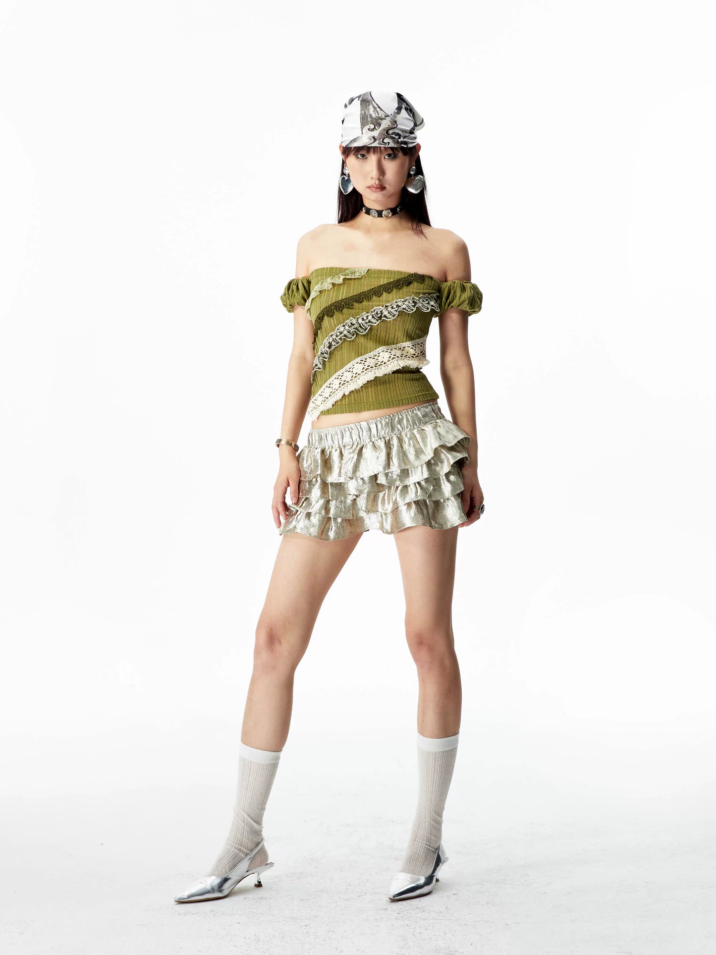 YOSHUYUKI オリジナルデザイン シダーグリーンストレッチニット ビンテージレース ストレートショルダー バンドゥ 半袖