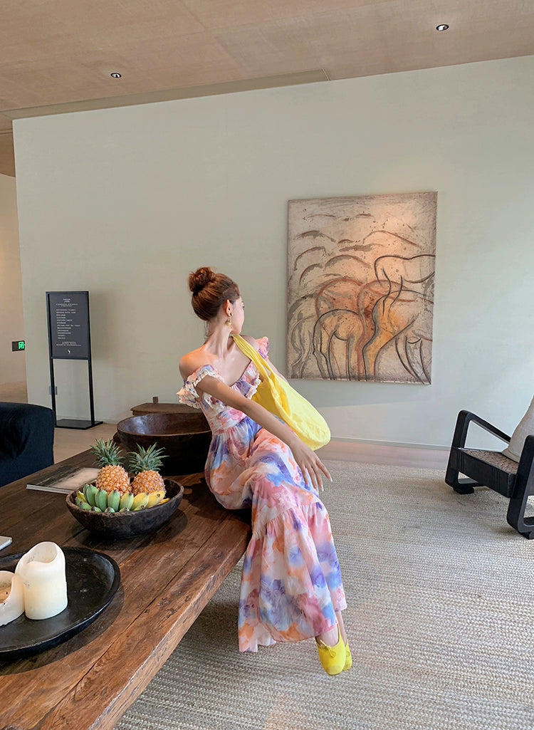 Xiaoli XIAOLIペン画春スクエアネック花柄ドレスロングドレスChardopamineは茶休憩フランスのプリンセスドレスを着ています