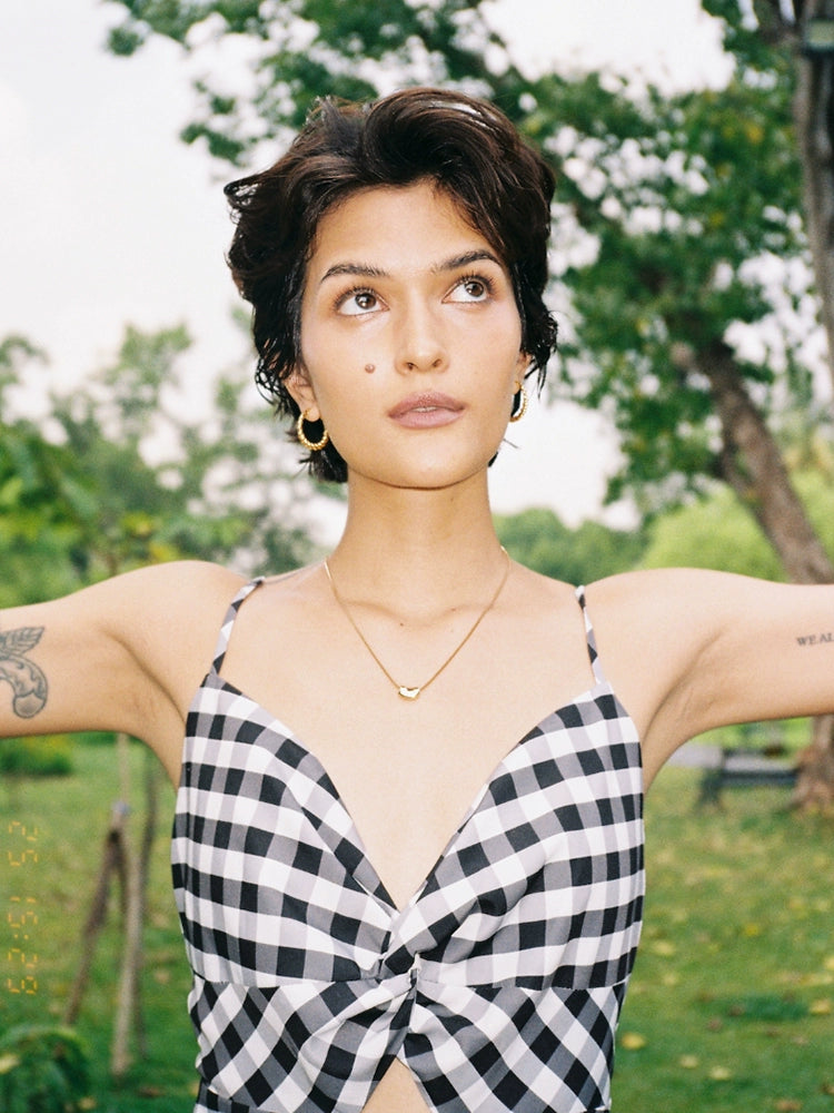 TR彼女のホットなパリジャンガールブラック&ホワイトチェックピクニックカットアウトAラインバックレスリップドレスドレス